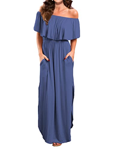 VERABENDI Women's Off Shoulder Summer Casual Long Ruffle Beach Maxi Dress with Pockets - color: Beja Blue, size: Medium