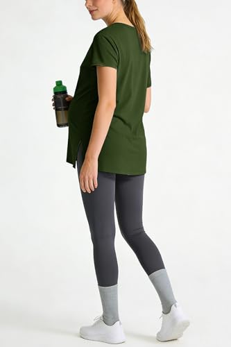 Women's Maternity Shirts Short Sleeve Split Hem Pregnancy Tops Clothes - color: Army Green, size: Large