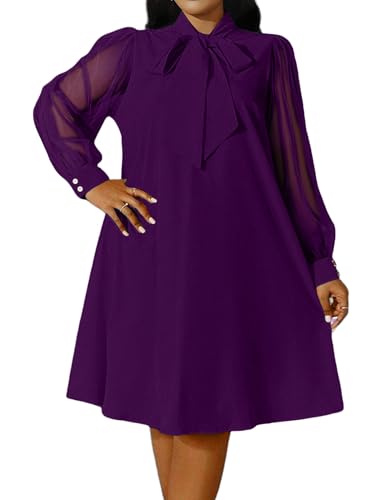Ekaliy Women Bow Collar Shift A-Line Knee-Length Dress Church Cocktail Work - color: Purple, size: Medium