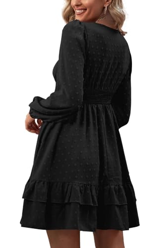 Rooscier Women's Wrap V Neck Swing Ruffle Swiss Dots Long Sleeve Mini Dress - color: Plain Black, size: Small