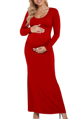 Yousify Womens Maternity Maxi Dress Long Sleeve Slim Fit Pregnancy Clothes - color: Red, size: X-Large