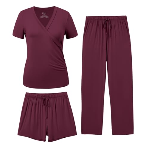 PATPAT 3-Piece Maternity Nursing Pajamas, Womens Lounge Set with Pockets - color: Burgundy, size: X-Large