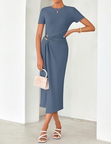 ZESICA Women's Summer Short Sleeve Wrap Cocktail Midi Dress - color: Dusty Blue, size: X-Large