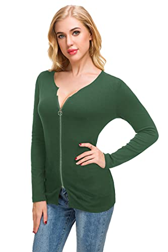 Afibi Women V Neck Zip Front Long Sleeve Casual Top Blouse Shirt/Cardigan - color: Green, size: Medium