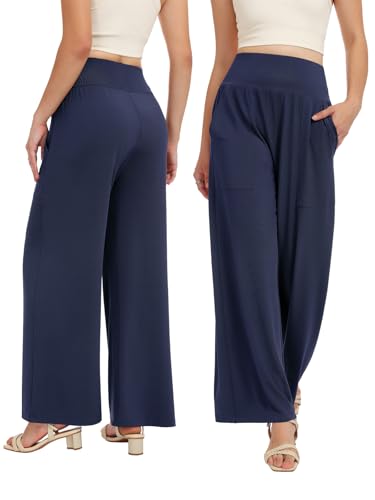 Wide Leg Pants Women Stretchy Sweatpants High Waisted Palazzo Pants - color: Blue, size: Large