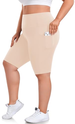 we fleece 8" Plus Size Biker Shorts with Pockets, High Waist - color: Nude Beige, size: XX-Large