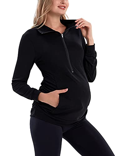 GINKANA Maternity Women's Long Sleeve Shirt Half Zipper Lapel Lightweight Casual Maternity Pullover with Pockets - color: Black, size: Medium