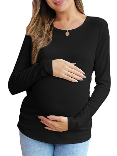 Women's Maternity Fall Tops Long Sleeve Crew Neck Ribbed Knit Slim Fitted Blouse Side Ruched Pregnancy Shirts - color: Long Sleeve-black, size: Medium