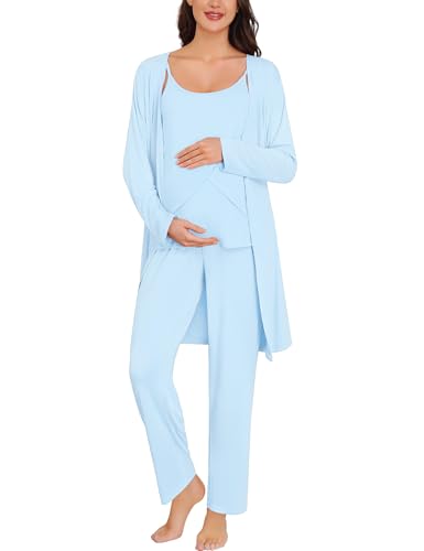 SWOMOG Maternity Pajamas Set 3 PCS Nusing Pajamas Labor and Delivery Gown & Camisole & Pants Postpartum Pjs - color: Lights Blue, size: Medium
