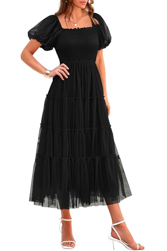 PRETTYGARDEN Women's Summer Smocked Midi Tulle Dress - color: Black, size: X-Large
