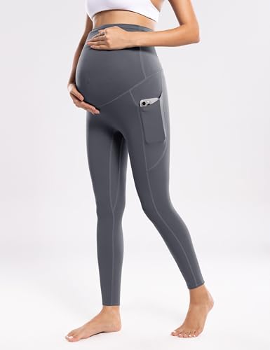 POSHDIVAH Maternity Workout Leggings with Pockets Ultra Soft Yoga Pants - color: Grey, size: Small