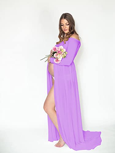 YnimioAOX Maternity Photoshoot Dress Off Shoulder Long Sleeve - color: Ltmauve