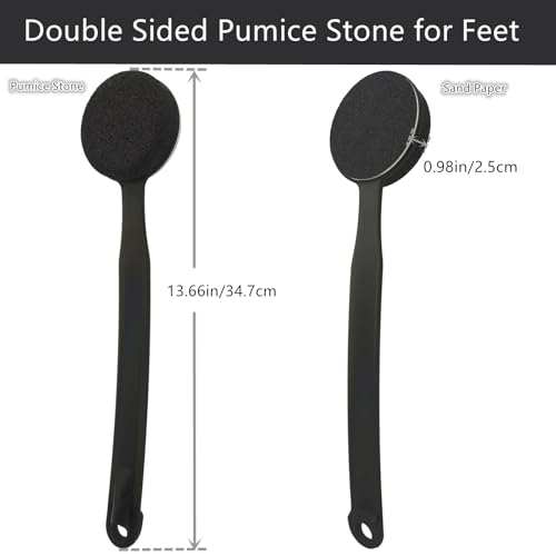 Double Sided Pumice Stone for Feet with Long Handle 13.7", Hard Skin Callus Remover, Foot Scrubber and Exfoliator Pedicure Tool with Sand Paper for Softer & Smoother Feet, Clear Black - color: Clear Black