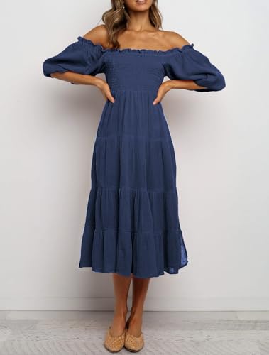 R.Vivimos Women's Cotton Off-Shoulder A-Line Midi Dresses - color: Navyblue, size: X-Large