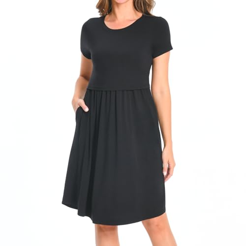 Bearsland Women's Short Sleeves Maternity Dress Nursing Breastfeeding Dresses with Pockets - color: Black, size: Medium