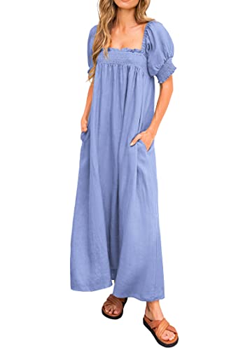 KIRUNDO Women Summer Maxi Dress Puff Sleeve Long Dresses - color: Blue, size: Medium