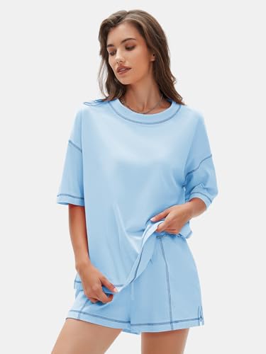 EXLURA Womens Short Sets 2 Piece Outfits Summer 100% Cotton Matching Set - color: Light Blue, size: Small