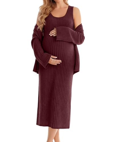 Maternity Dress Set 2 Piece for Baby Shower Party - color: Burgundy, size: Large