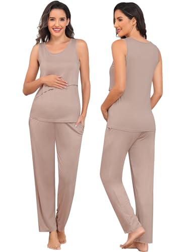 SWOMOG Maternity Nursing Robe Set 3 PCS Postpartum Breastfeeding Pajamas Lounge Hospital Pregnancy Pjs with Robe - color: Light Brown, size: Medium