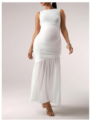 Floerns Women's Maternity Mesh Tank Dress Ruched Ruffle Bodycon Maxi Pregnancy Dresses - size: Small