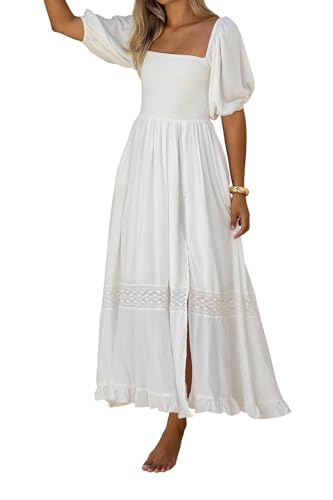 R.Vivimos Women's Summer Square Neck Smocked Slit Maxi Dress - color: White, size: X-Large