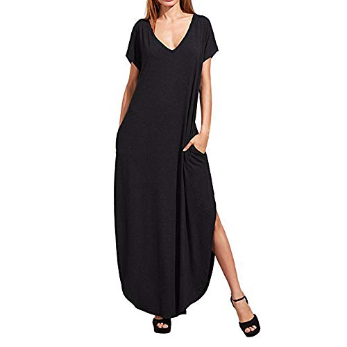 Women's Year-Round Casual Maxi Dress V-Neck Boho Long Dress with Pockets - color: 152 Black, size: Medium