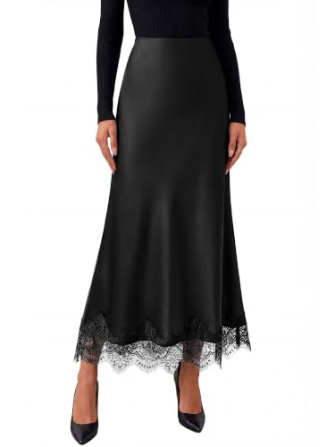 BTFBM Lace Trim Satin Skirts for Women Elegant - color: Black, size: Large