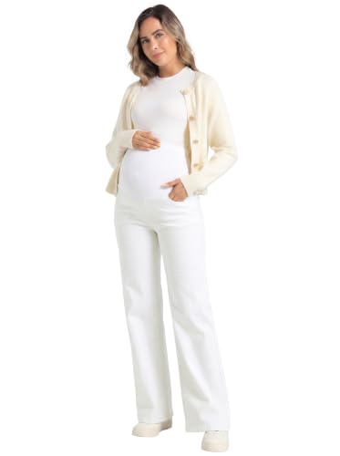 V VOCNI Maternity Jeans Straight Leg Pregnancy Wide Leg Denim Pants - color: White, size: Medium