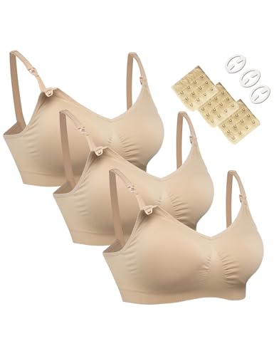 HOFISH 3PACK Full Bust Seamless Nursing Maternity Bras Bralette S-XXL with Extra Bra Extenders & Clips - color: 3pack: Beige, size: Small