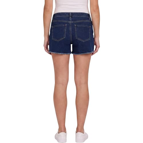 Motherhood Maternity Women's Under the Belly Cutoff Denim Pregnancy Shorts with Side Elastic Panel Insets - color: Dark Wash, size: Medium