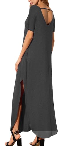 GRECERELLE Women's Summer Maxi Dress Casual Loose V Neck Short Sleeve Side Split Long Dresses with Functional Pockets - color: Dark Gray, size: X-Large