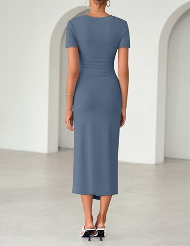 ZESICA Women's Summer Short Sleeve Wrap Cocktail Midi Dress - color: Dusty Blue, size: X-Large