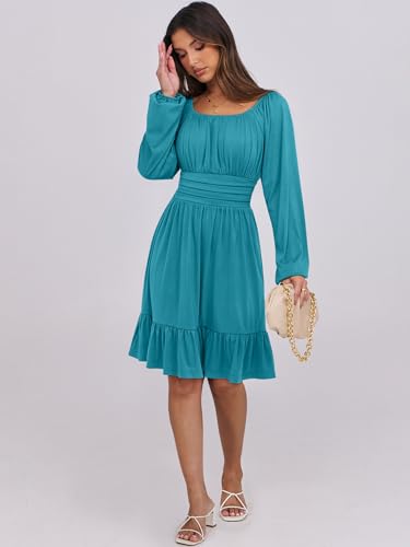 ANRABESS Women Long Lantern Sleeve Square Neck Fall Short Dress - color: Lake, size: Small