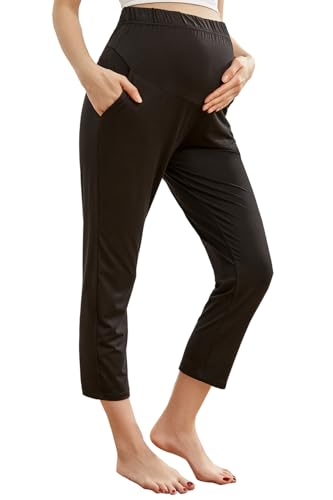 Ultra-Soft Maternity Joggers - High-Waisted Over Bump Cropped Pregnancy Trousers with Pockets - color: Black, size: Large