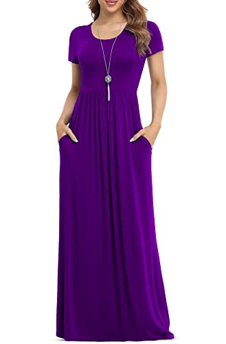 VIISHOW Women's Short Sleeve Loose Plain Maxi Dresses Casual Long Dresses with Pockets - color: Dark Purple, size: Large