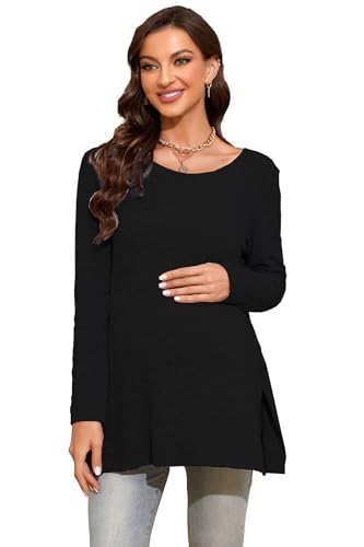 Smallshow Women's Side Split Maternity Shirts Long Sleeve - color: Black, size: X-Large