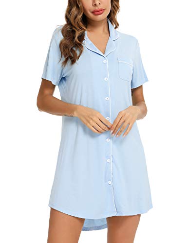 Senert Nightgowns for Women Button Down Sleeve Sleep Shirt Night Gowns - color: Blue, size: X-Large