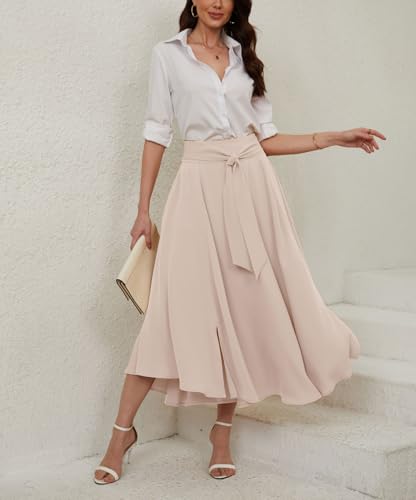 chouyatou Women's Elegant High Waisted Side Slit Irregular Bohemian Maxi Skirt with Pockets - color: Apricot, size: Large