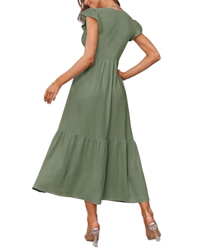 CzzzyL Women's Nursing Dress Flutter Sleeve Crew Neck Smocked Midi Pockets - color: Green, size: X-Large