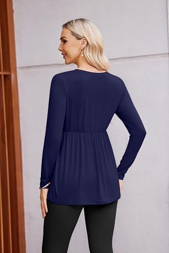 Ekouaer Maternity Shirts for Women Long Sleeve V Neck Fall Tops Clothes - color: Navy Blue, size: Large