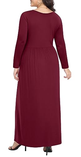 POPYOUNG Womens Plus Size Maxi Dresses Curvy Long Sleeve Fall Dress Outfits - color: 04-wine Red, size: 3X-Large