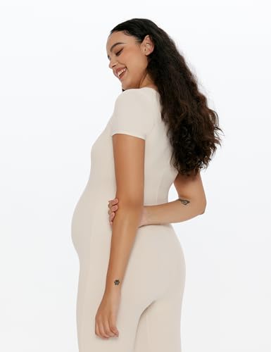 POSHDIVAH Maternity Jumpsuit Romper Leggings Short Sleeve - color: Beige, size: Large