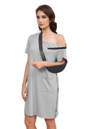 Women's Post Shoulder Surgery Tear Away Dress Short Sleeve Full Open Side Snap Adaptive Clothing with Pockets - color: Grey, size: Large