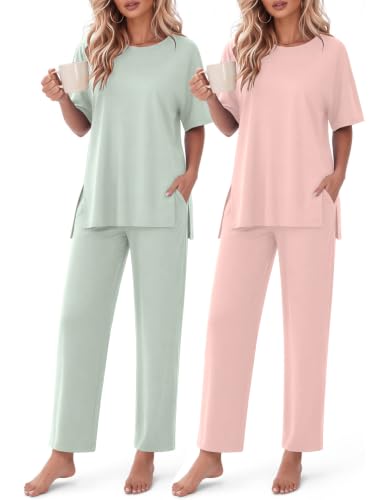 Ekouaer Women's Lounge Sets Short Sleeve Top Long Pants 2 Piece Outfit Set - color: Light Pink&light Green, size: X-Large