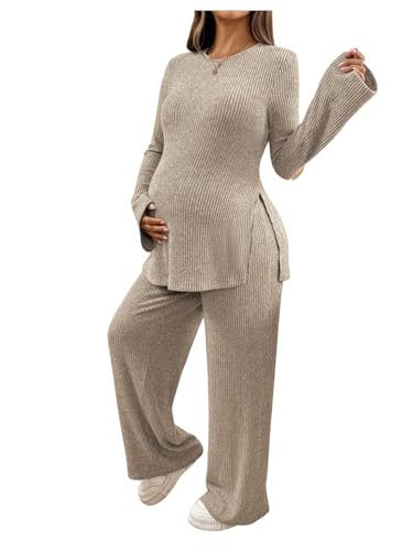 Milumia Women's Maternity Two Piece Outfits Long Sleeve Top and Pants Sets - color: Apricot, size: Large