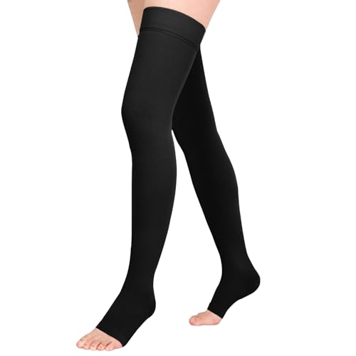 Athbavib 20-30 mmHg Thigh High Compression Stockings for Women Men - color: Open Toe-Black, size: Large