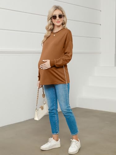 Women's Maternity Shirts Long Sleeve Sweatshirt Zipper Split Side Pregnancy Casual Tunic Top - color: Coffee, size: Medium