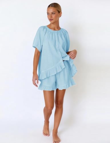 Kissonic Womens Pajamas Set 2 Piece Cotton Ruffle Summer Shorts Sets - color: Blue, size: Medium