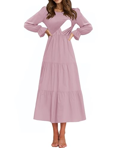 CzzzyL Women's Nursing Dress Smocked Bodice Ruched Midi with Pockets - color: Pink, size: Medium