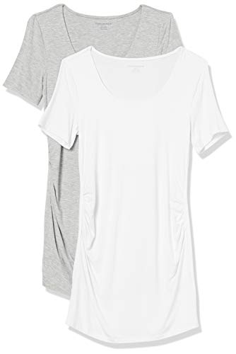 Amazon Essentials Women's Maternity Short-Sleeve Rouched Scoopneck T-Shirt, Pack of 2 - color: Light Grey Heather/White, size: Medium